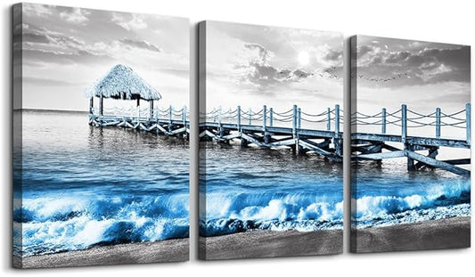 DZRWUBHS Black And White Beach Wall Art - 3 Piece Framed Posters For Living Room, Bedroom, Office - Ocean Sea Wave Pictures