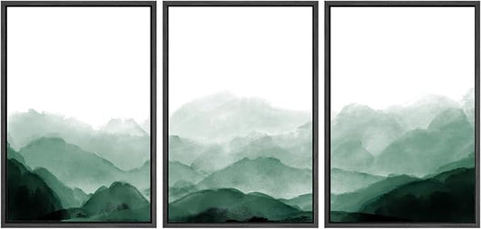 SIGNWIN Framed Canvas Print Wall Art Green Watercolor Mountains in Fog Nature Wilderness Illustrations Modern Art Rustic Scenic Relax/Calm Cool for Living Room, Bedroom, Office - 24"x36"x3 Black