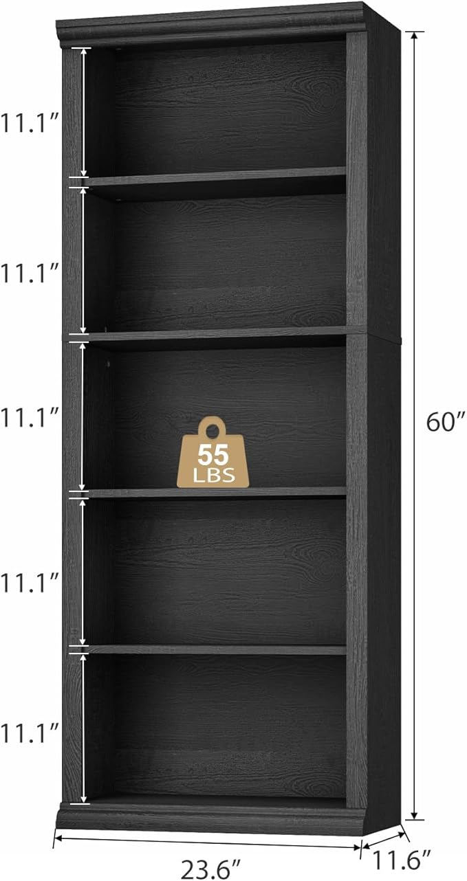 Rresyet 5 Tier Bookshelf and Bookcase, Tall Modern Bookcase with Storage Shelves, Sturdy Open Display Shelf for Living Room, Bedroom, Home Office, Dining Room Decor, Black
