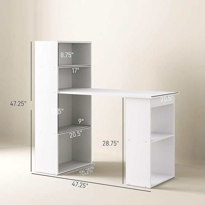 HOMCOM Modern Home Office Desk with 6-Tier Storage Shelves, 47" Writing Desk with Bookshelf, White