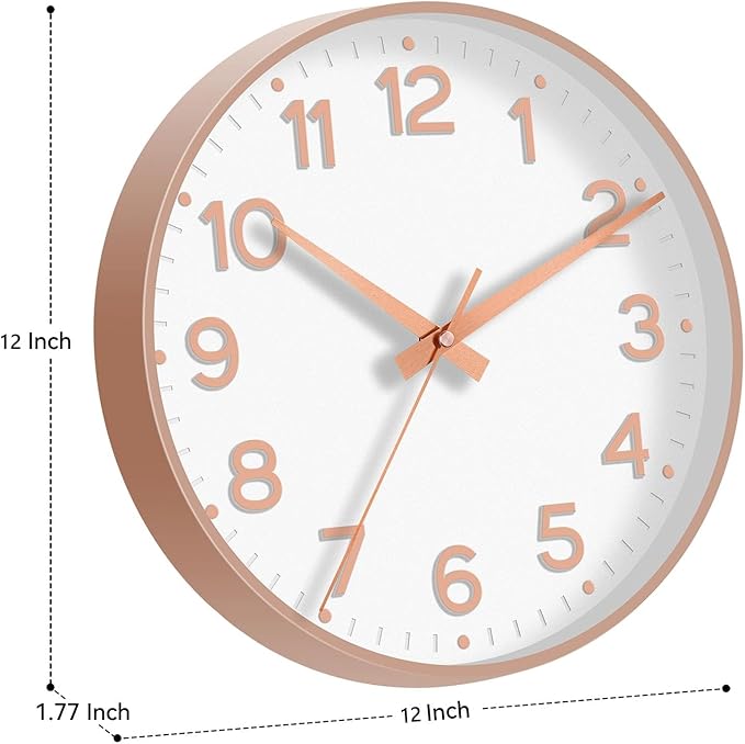 Wall Clock 12 Inch Silent Wall Clocks Battery Operated- Modern Non Ticking Analog Clock Decorative for Living Room Bedroom Office Kitchen(White Rose Gold)