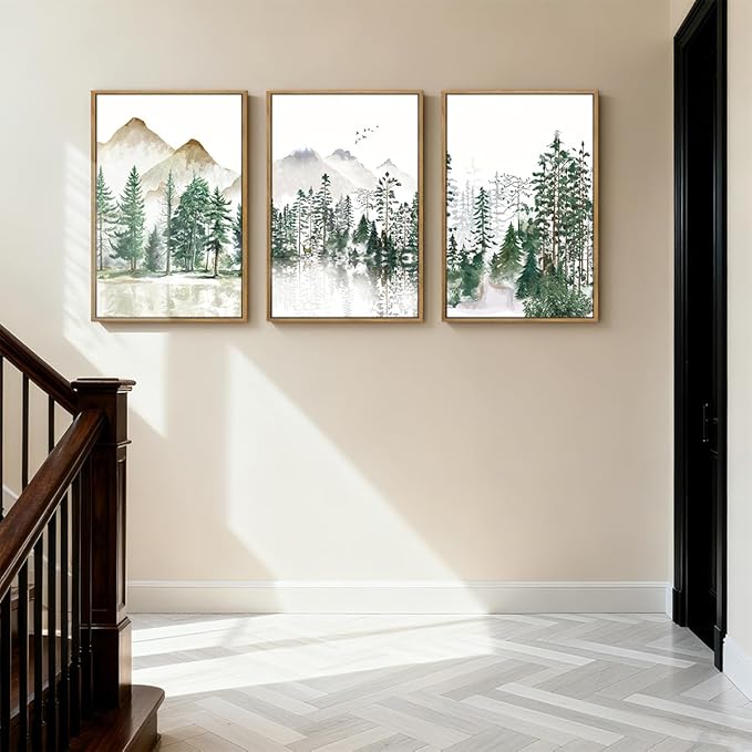 Extra Large Green Forest Mountain Wall Art Watercolor Nature Landscape Framed Wall Decor Boho Pine Tree Painting for Living Room Bedroom Bathroom Office 24x36 Inch Set of 3
