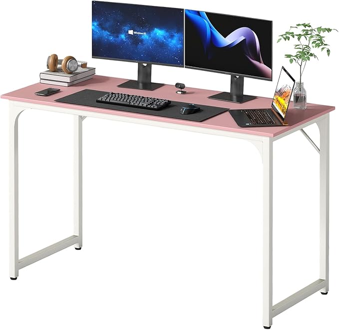 Dkelincs 47 Inch Computer Desk Home Office Desk Gaming Writing Desk Modern Simple Style Study Work Table with Metal Frame, Large Legroom, Adjustable Feet, Water-Resistant, Scratchproof Surface, Pink