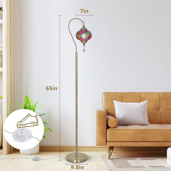 Turkish Moroccan Floor Lamp, Swan Neck Tiffany Lamp with Handmade Mosaic Glass Shade, Bronze Base, 65" Tall Standing Lamps for Living Room Bedroom Home Decor Light, Colorful
