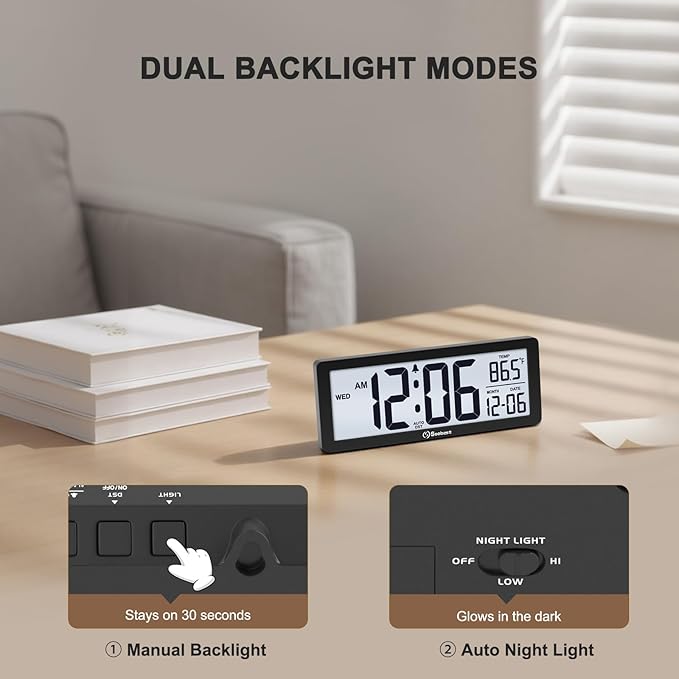 Soobest 8.5 Inch Digital Wall Clock Battery Operated with Backlight, Temperature, Date, Day & Auto DST, Black Slim Design for Elderly, Bedroom, Living Room, Office