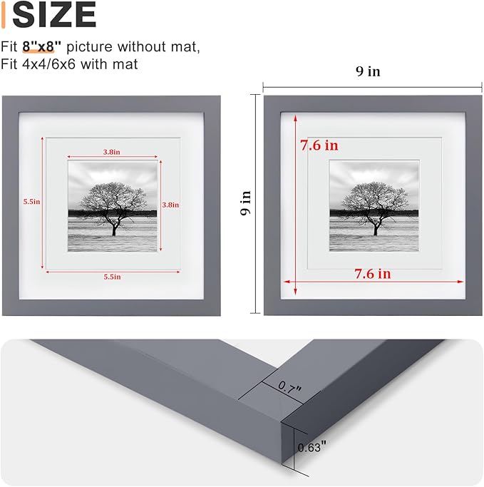 Egofine 8x8 Picture Frames 4 Pack for Picture 4x4 with Mat or 8x8 whitout Mat Made of Solid Wood Covered by Plexiglass for Table Top Display and Wall Mounting Photo Frame, Dark Gray