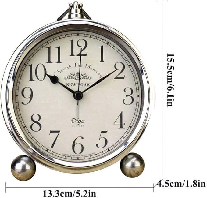 JUSTUP Vintage Table Clock, Iron European Style Desk Clock Battery Operated Non-Ticking Mantle Clock for Home Decor (Silver)