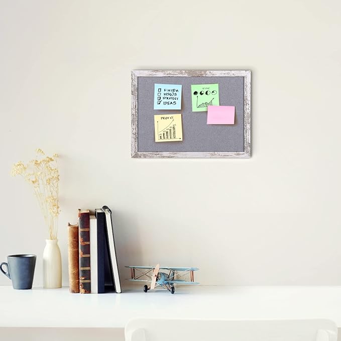 Gray Felt Bulletin Board, 14.2x10.2 inches Decorative Hanging Bulletin Boards for Walls with White Rustic Wood Frame, Pin Board Vision Board for Office Home School with Pins (2636,WH,1pc)