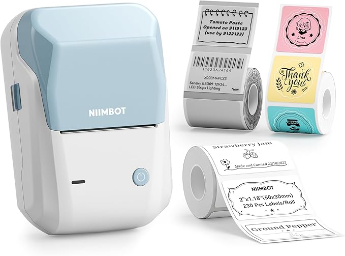 NIIMBOT B1 Label Maker with Tapes, 2 Inch Portable Thermal Label Printer for Home School Office Small Business, Address, Bakery, Crafts, Retail, Support Smartphones & PC,3 Rolls Tapes, Sky Blue