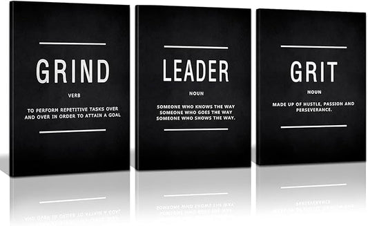 Motivational Grind Grit Leader Wall Art, Canvas Painting Wall Decor Inspirational Posters Prints for Living Room Bedroom, Office Decor, Gallery-Wrapped Canvas Art Set Framed Easy Hang- 12"Wx16"Hx3PCS