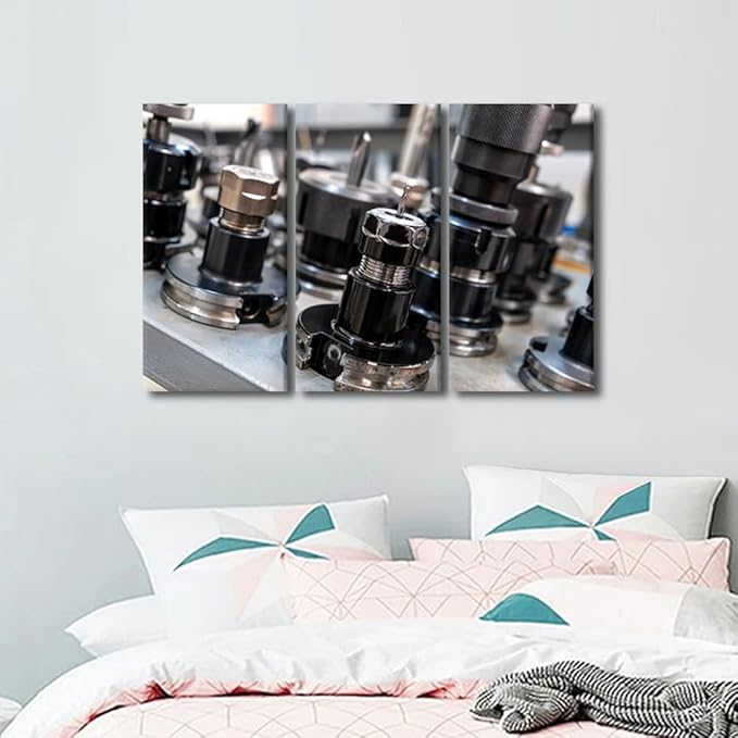 TUMOVO Art Work for Home Walls Machine Drill Bits Canvas Painting Wall Art 3 Panel Wall Art Canvas Frame Art Prints Machine Tools Room Decor Poster Home Decor Artwork Wall Hanging, 36x24 Inch