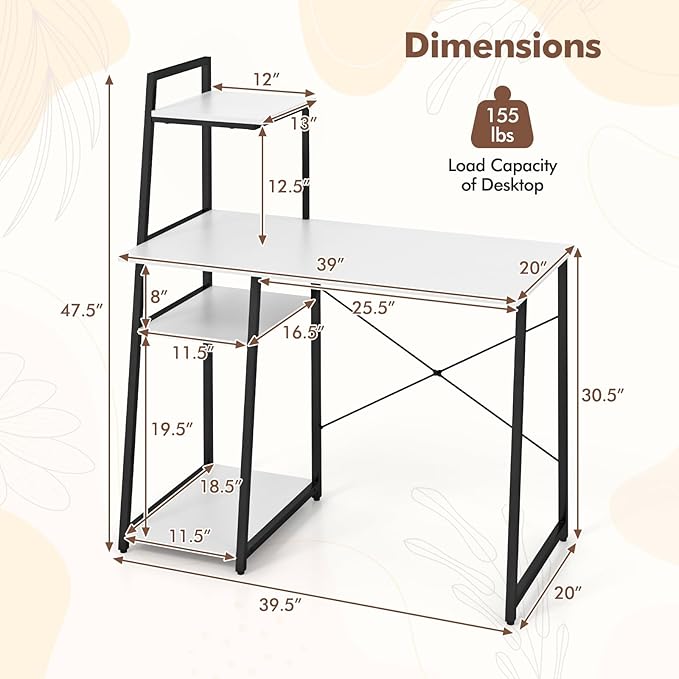 Giantex Computer Desk with Shelves, 47.5” Home Office Desk with Bookshelf, Host Stand, Metal Frame, PC Laptop Workstation, Modern Study Writing Desk for Bedroom, Small Space (White & Black)
