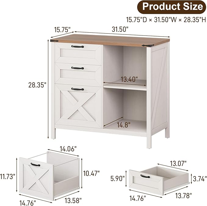 Farmhouse Lateral Filing Cabinet with 3 Drawers and Open Shelf, Lateral File Cabinet with with File Drawer for Letter/A4 Hanging File, Large Printer Stand for Home Office, Living Room, Rustic White