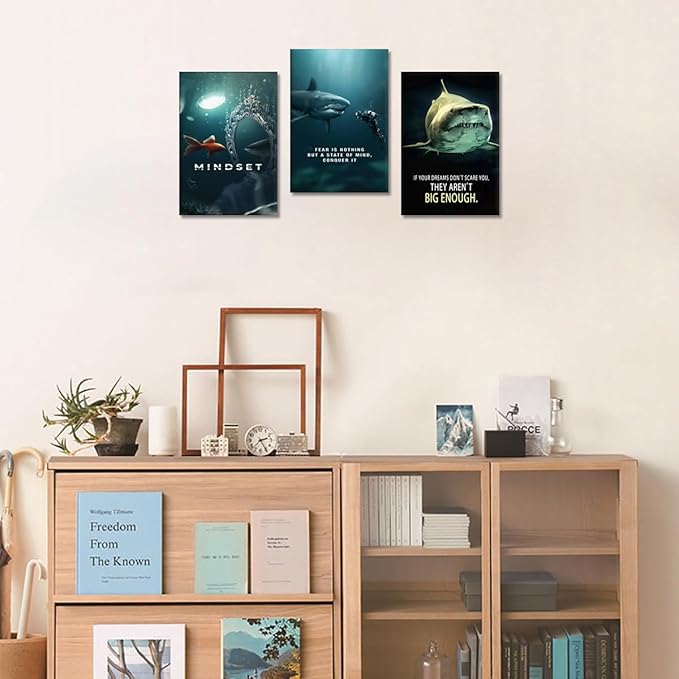 3 Piece Shark Wall Art - Framed Motivational Quotes Canvas Prints Inspirational Wall Decor for Living Room, Office & Home Decor, Ready to Hang (12x16 inx3)