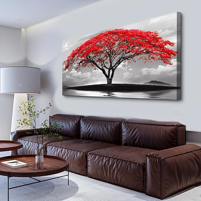Wapluam Canvas Prints Wall Art For Living Room Bedroom Large Wall Decor Red Tree Landscape Painting Black And White Pictures To Hang Modern Home Decorations For Office Stretched And Framed Artworks
