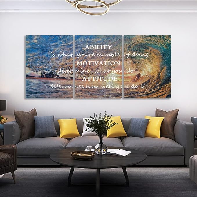 Unbruvo Motivational Wall Art for Office, 3 Pieces Canvas Painting with Inspirational Quotes, Ability Motivation Attitude Prints for Living Room Bedroom Study Room Decor(60" Wx28 H)