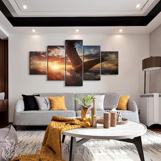 YOUHONG Eagle Wall Art 5-Panel with Wooden Frame - Waterproof Animal Posters for Wall Decor, Lightweight Frames Modern Eagles Decor for Living Room Office (60''W x 32''H)