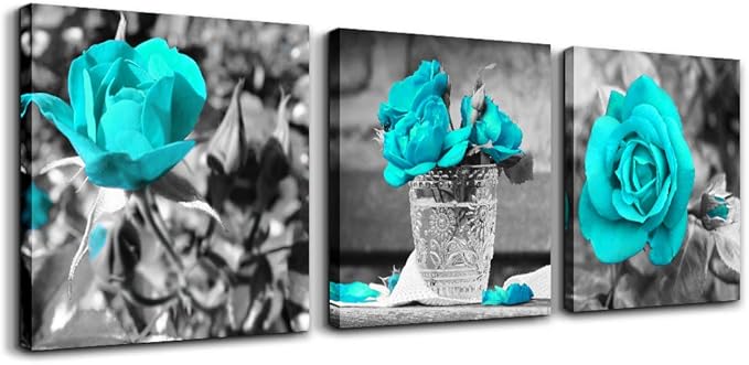Canvas Wall Art For Bedroom Wall Decor For Living Room Black And White Wall Paintings Blue Rose Flowers Pictures Watercolor Giclee Canvas Prints Ready To Hang Room For Girls Home Decoration 3 Piece