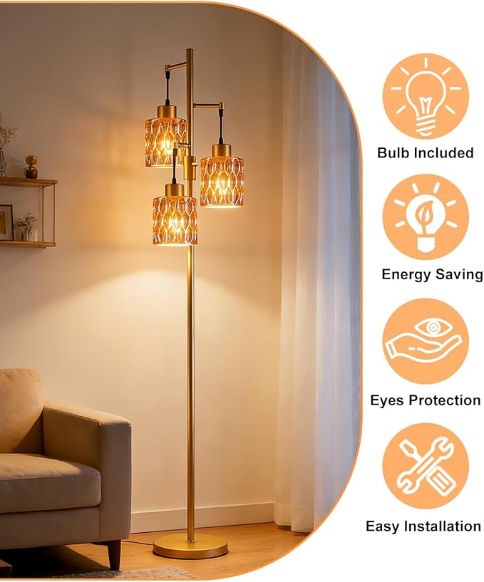 Lightdot 67" 3-Light Glass Floor Lamp for Living Room, Dimmable with Brown Glass Shade & E12 Bulbs Included, Mid Century Standing Tall Lamp for Bedroom/Sofa Beside/Corner Decor - Gold