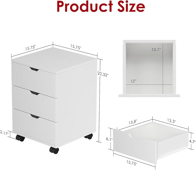 3 Drawer File Cabinet with Wheels, Heavy-Duty Steel Rolling Drawer Cabinet, Under Desk Filing Cabinet for Home Office Storage, 15.74" W x 15.74" D x 22.16" H (White)