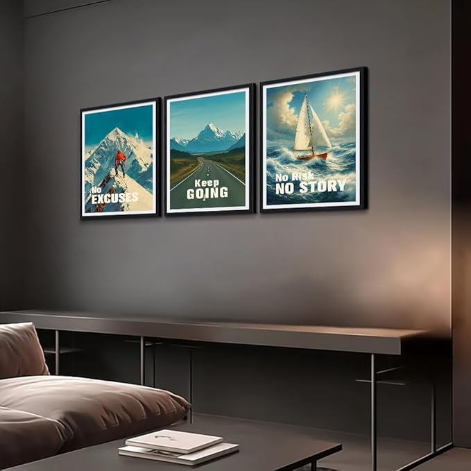 3 Panel Motivational Wall Art - Framed Mountain Road Sailboat Canvas Prints, No Excuses Keep Going No Risk No Story Inspirational Quotes Poster Modern Office Wall Decor, Ready to Hang 12"x16"x3