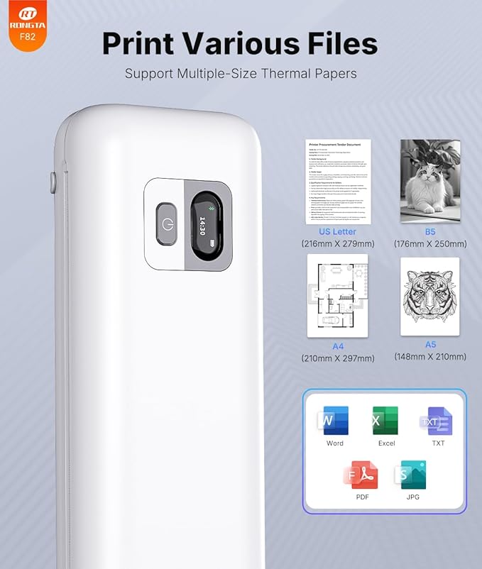 Rongta Portable Printer Wireless for Travel, Thermal Inkless Printers for 8.5"*11" US Letter, Compatible with Android iOS Smartphone, Mac Windows Laptop for Office, Home, Travel (White)