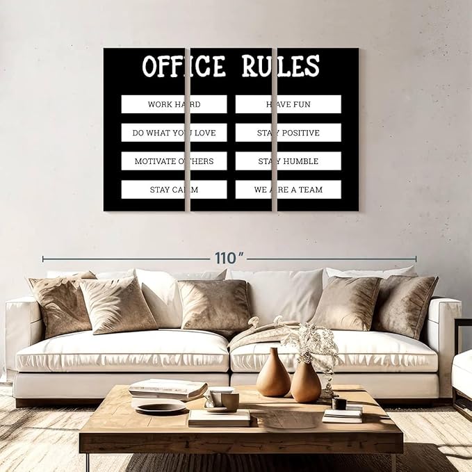 Elephant Stock - Office Rules Wall Art - Horizontal Multi Panel Canvas - 3 Piece Home Office Wall Decor - Digital Art Motivational Typography Multi Piece Wall Art - Black And White Decor by Cad Designs - 74" x 48"