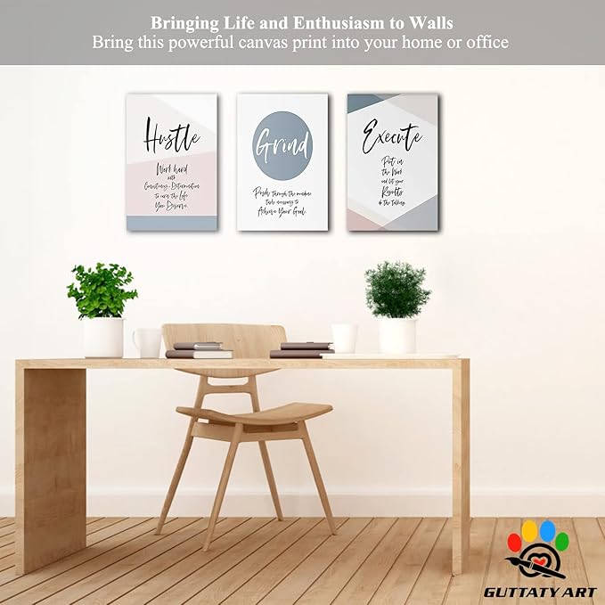 Office Wall Art - 3 Panel Motivational Wall Art, Inspirational Quotes Canvas Art for Home Office Wall Decor, Positive Quotes Wall Decor, Entrepreneur Grind Hustle Execution Poster Frame (12”x18”x3Pcs)
