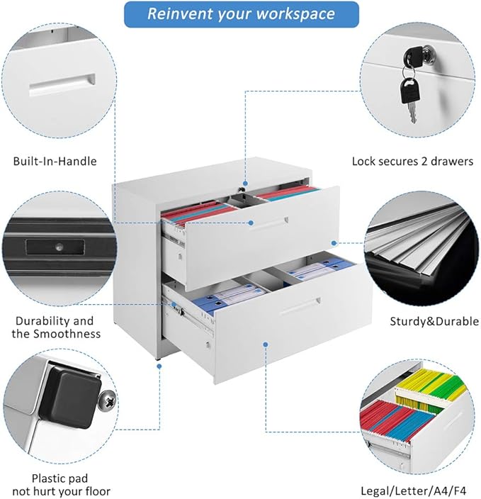 Lateral File Cabinet, 2 Drawer Metal Lockable Filing Cabinet for Commercial Grade Office Legal and Letter File (White)
