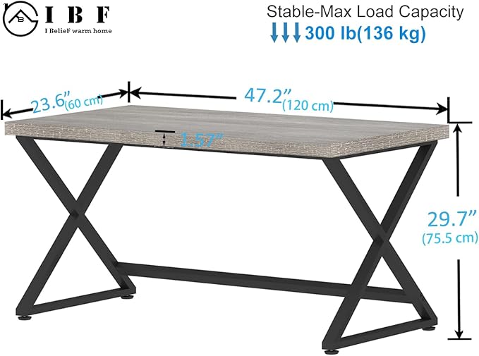 IBF Gray Desk, Industrial 47 in Computer Desk for Writing Study, Simple Wooden Metal Executive Work Desk for Home Office, Modern Pc Gaming Laptop Workstation Computer Table in Bedroom, Light Grey Oak