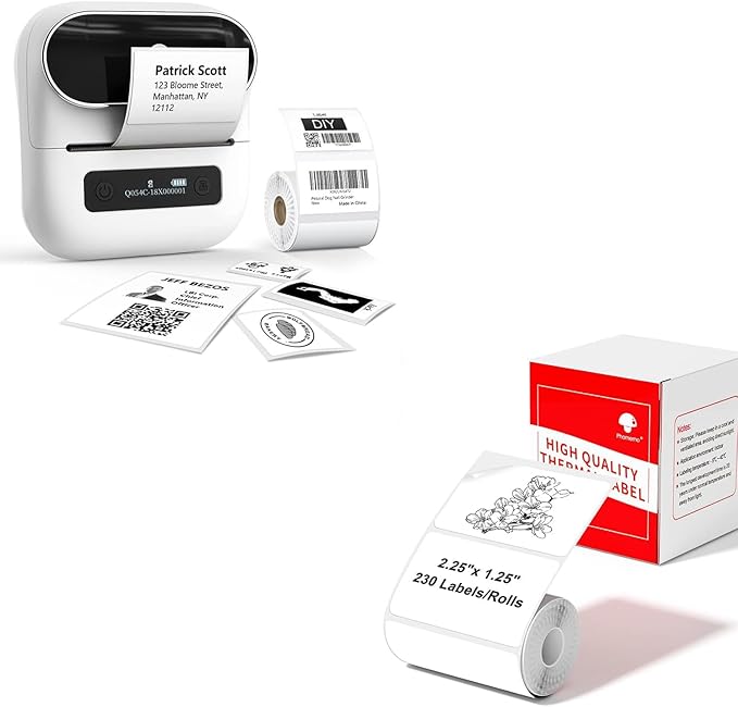 Phomemo M220 Label Maker White & 1 Roll White Thermal Label 2.25"x 1.25"(57x32mm), Upgrade 3 Inch Barcode Portable Printer, for Office & Small Business, Compatible with Phones&PC