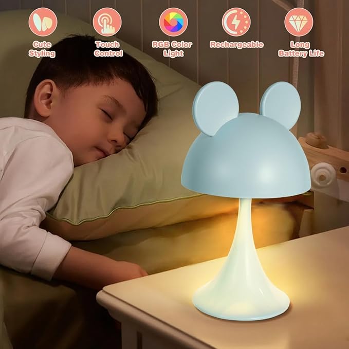 Rechargeable Mouse-Shaped LED Bedside Lamp – Kids Room Night Light with Touch Dimming & 3 Color Temperatures (Blue)