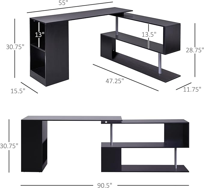 HOMCOM 55" 360° Rotating Corner Computer Desk Modern L-Shaped Home Office Workstation with 3-Tier Storage Shelves, Bookshelf, Black