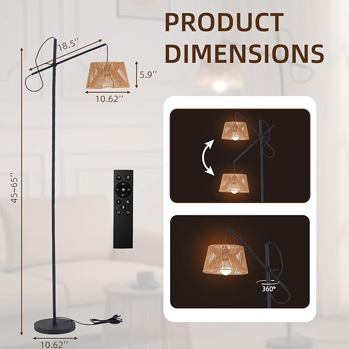 Arc Floor Lamp with Remote, Boho Floor Lamp with 3 Color Temperatures, 2700K-6500K Dimmable Rattan Standing Lamp with LED Bulb and Foot Switch, Adjustable Tall Lamp for Living Room Bedroom