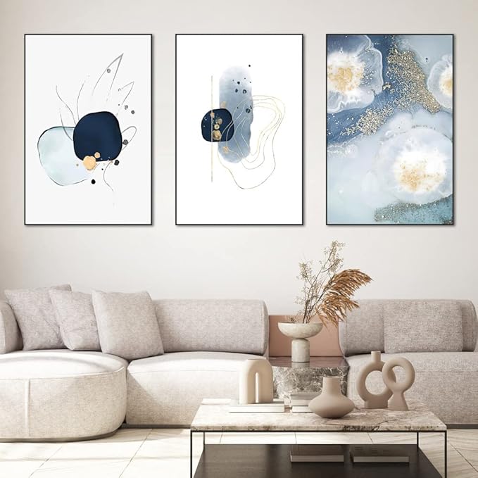3 Framed Abstract Canvas Wall Art, Artwork in Blue, White and Grey, Simple and Elegant for Living Room Bedroom Office Decor 16" x 24" x 3 Pieces