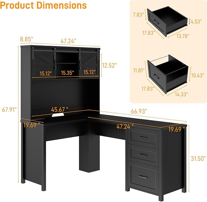 Vabches Farmhouse 68" H L Shaped Desk with Hutch,Office Table with 3 Drawers and Sliding Doors, Wood Executive Desk with File Drawers and Charging Station, Workstation for Study and Home Office