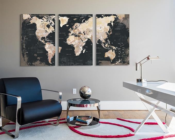 GIFTTWART Office Wall Decor World Map Wall Art Living Room Black And White Pictures Artwork for Walls Vintage Wall Decorations Bedroom Dining Room Art