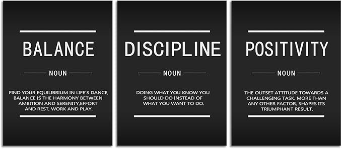 Inspirational Canvas Wall Art Balance Discipline Positivity Noun Painting Office Decor Inspiring 3 Pieces Posters Prints Motivational Picture for Wall Art Decor Living Room Gym Framed[36''Wx 16''H]