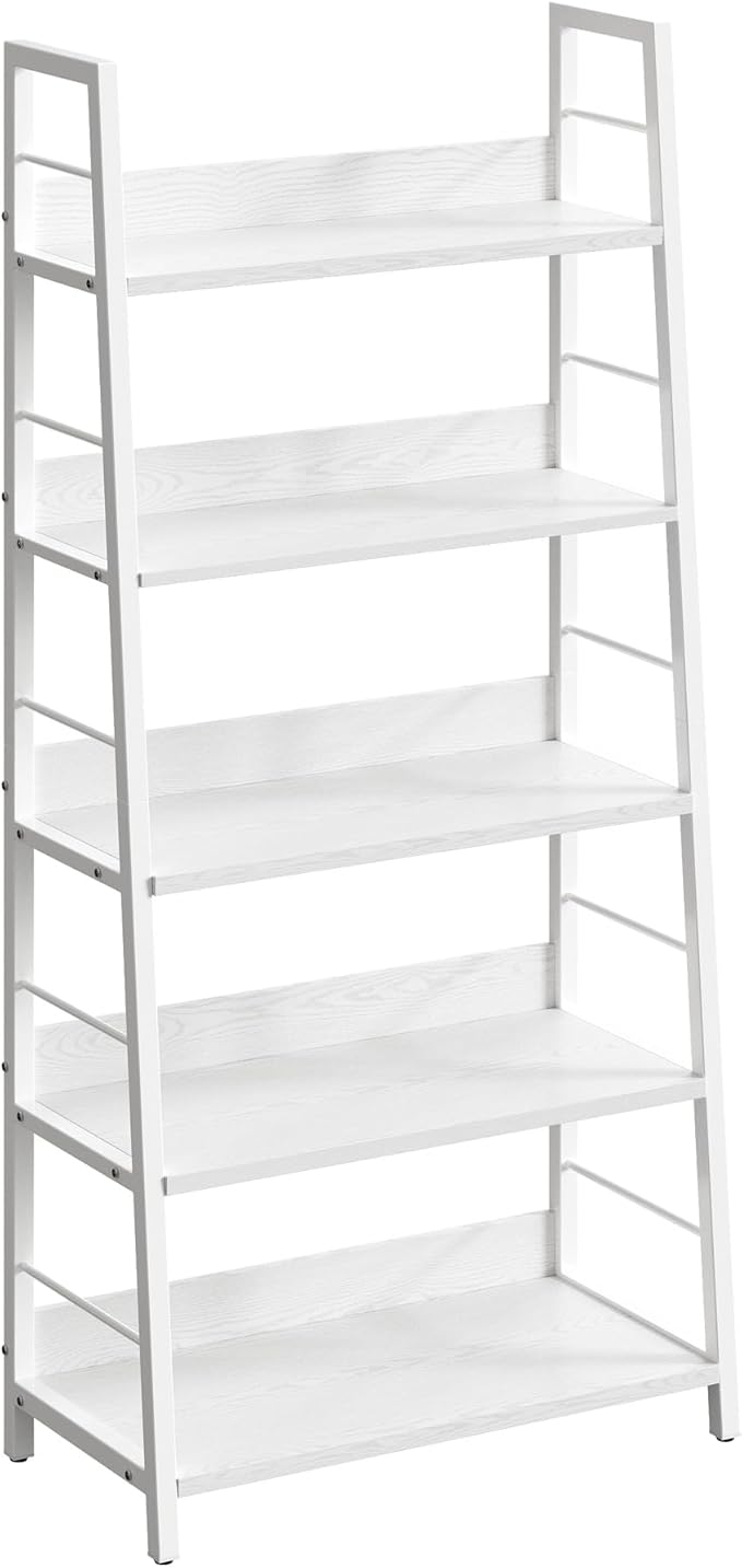 IRONCK Industrial Bookshelves and Bookcases, Ladder Shelf 5 Tiers with Metal Frame for Living Room, Home Office, White