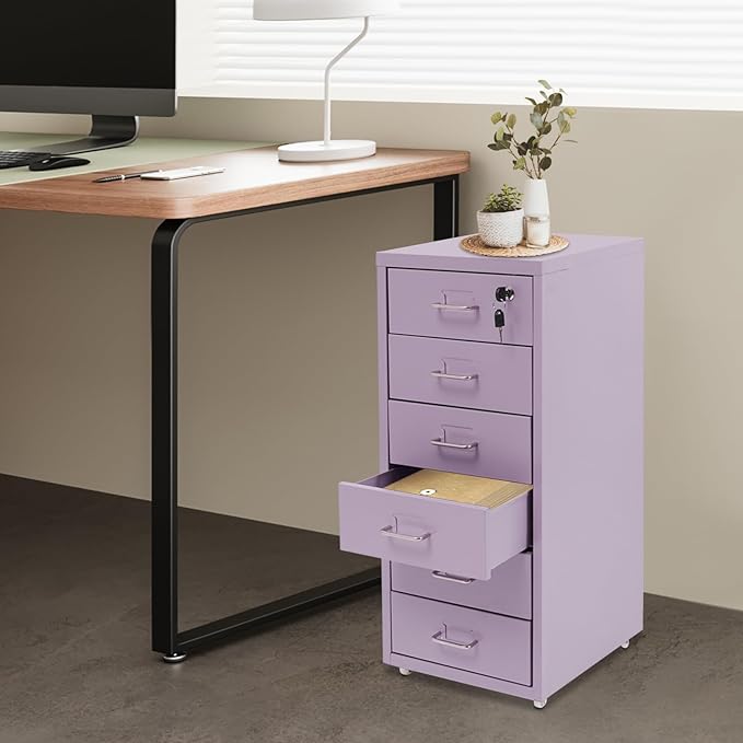 Vertical File Cabinets | 6 Drawer File Cabinet with Lock | Steel Lockable Storage Cabinets | Metal S-torage Cabinet for Home Office | storage A4/F4/Letter/Legal | With 4 Wheels | 2X Keys (Purple)
