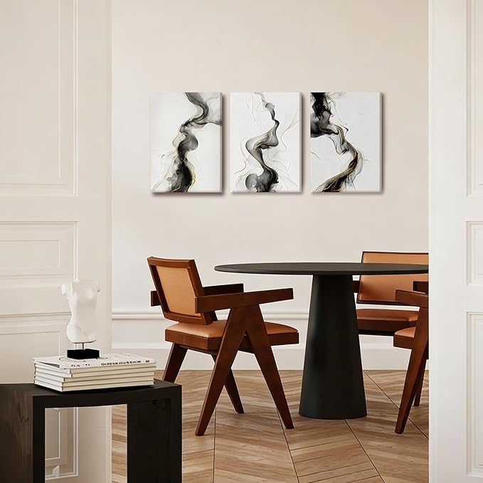 NCCXNCC 3-Pcs Black and White Abstract Canvas Wall Art Modern Black and White Gold Line Wall Decor Painting Fluid Ink Minimalist Style Poster Print Suitable for Living Room Bedroom 16x24 Inch Framed