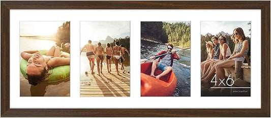 Americanflat 4x6 Collage Picture Frame with Shatter-Resistant Glass - Fits Four 4x6 Photos or Use as One 8x20 Picture Frame - Signature Collection - Collage Frames for Wall Display- Walnut