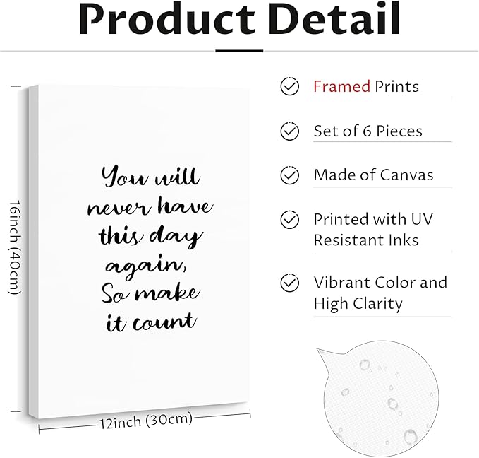 Office Inspirational Wall Art Decor Motivational Quotes Canvas Wall Art Positive Classroom Posters Pictures Office Inspirational Work Artwork for Women Home Bedroom 12x16 Inch Wrapped Canvas Set of 6