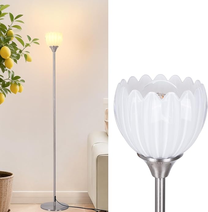 Floor Lamps for Living Room, Bedroom, Nickel Standing Lamp with 12W Bulb, Vintage Floor Lamp for Reading, Nursery, Corner (White Tulip)