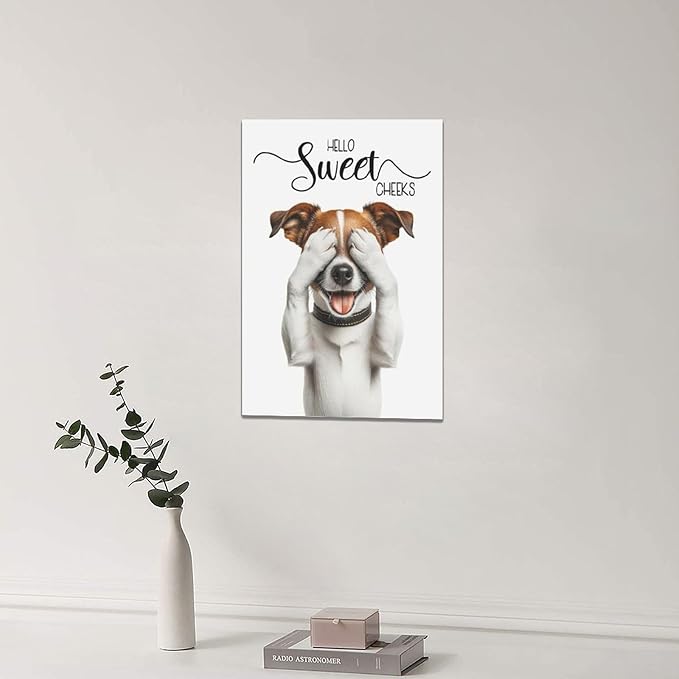 Bathroom Dog Wall Art Funny Dog Bathroom Pictures Wall Decor Hello Sweet Cheeks Toilet Bathroom Canvas Painting Home Modern Artwork Decorations Framed for Restroom 16 x 24 inch