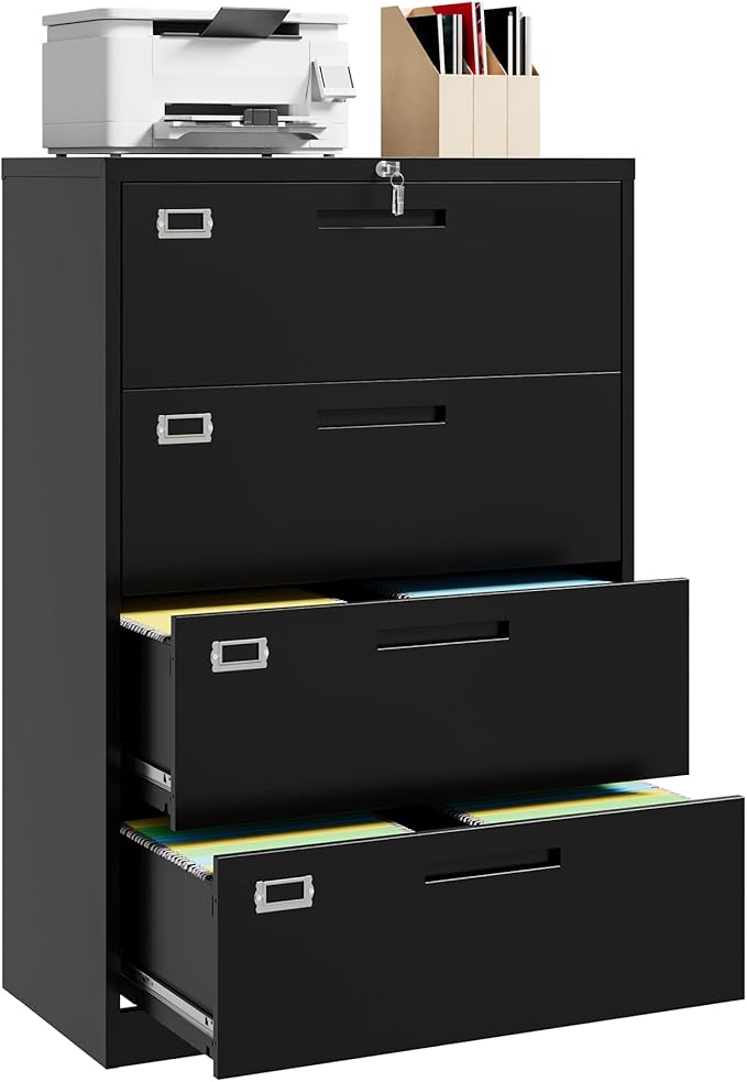 4 Drawer File Cabinet with Lock, 4 Drawer Steel Wide Filing Organization Storage Cabinets, Steel Lateral File Cabinet for Hanging Files Letter/Legal/F4/A4 Size,Assembly Required