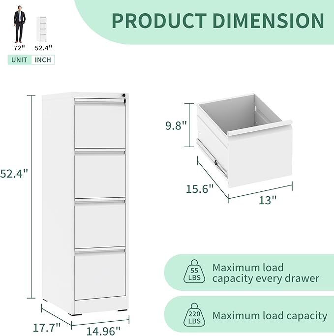 4 Drawer File Cabinet, Vertical File Cabinets with Lock for Home Office,Heavy Duty Office Steel Filing Cabinet for Hanging Letters/Legal/A4, Assembly Required (White)