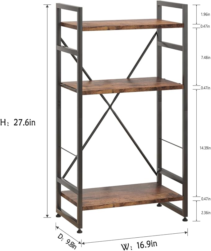 Bookshelf Organizer,3 Tiers Rustic Brown Small Bookcase for Small Space,Industrial Wooden Storage Bookcase Display Rack and Storage Organizer for Living Room and Home Office