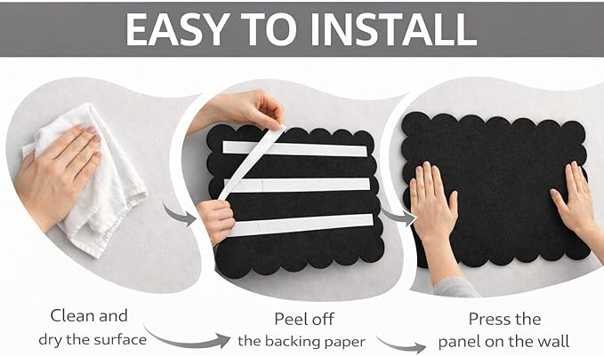 Scalloped Felt Bulletin Board 24x18 in, Thick PET Felt Pin Board, Heat-Pressed Flat, Self-Adhesive Mount, Push Pin Friendly Photo/Card Display for Home, Office, Crafts, Planning, Jewelry (Black)