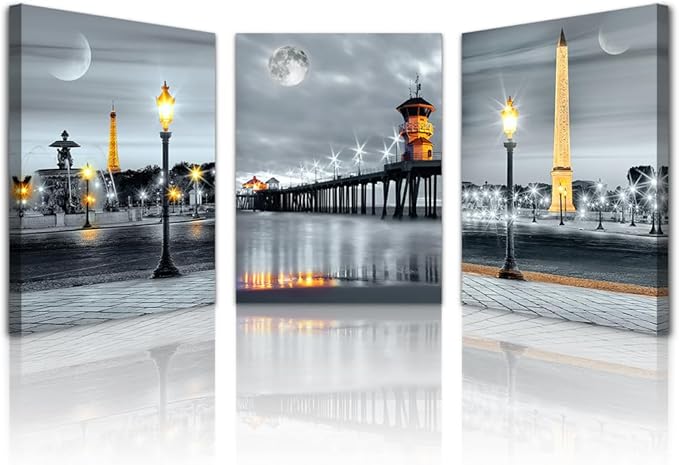 Lapremoly Framed Canvas Wall Art for Living Room Modern Large Wall Decor for Bathroom Family Bedroom Wall Decorations Night View Paintings Kitchen Canvas Art Hang Pictures Artwork 3 Pieces Poster